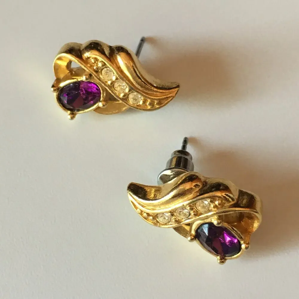 AVON gold tone faux amethyst birth stone stud earrings